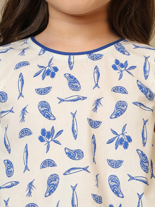 White and blue floral printed girls co-ord set with ruffle sleeve top and matching shorts