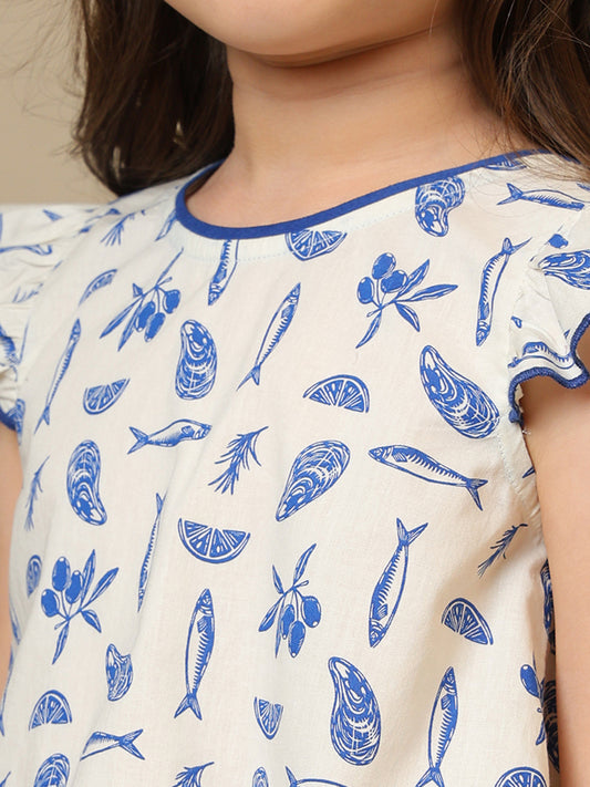 White and blue floral printed girls co-ord set with ruffle sleeve top and matching shorts