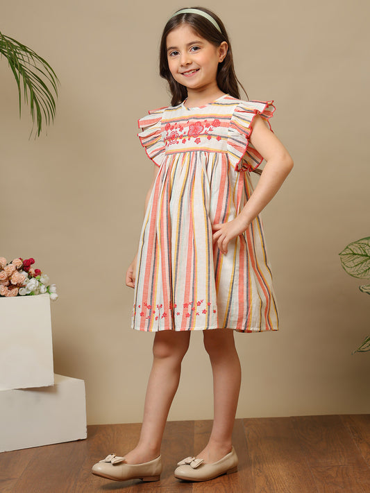 Multicolour striped girls dress with ruffle sleeves, embroidered detailing and flared hem