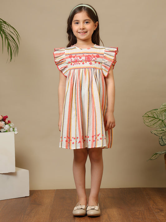 Multicolour striped girls dress with ruffle sleeves, embroidered detailing and flared hem