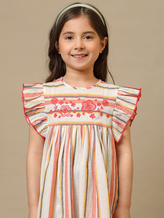 Girls Multi Striped Embroidered Dress
