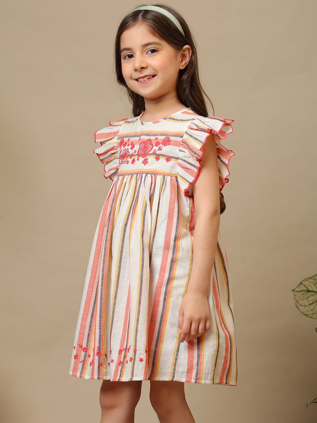 Girls Multi Striped Embroidered Dress