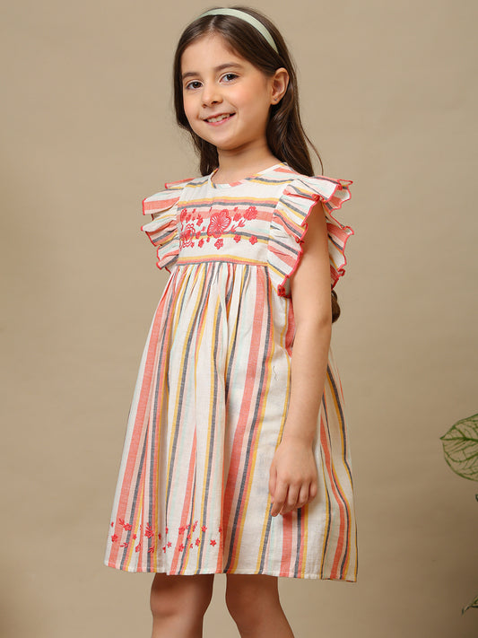 Girls Multi Striped Embroidered Dress