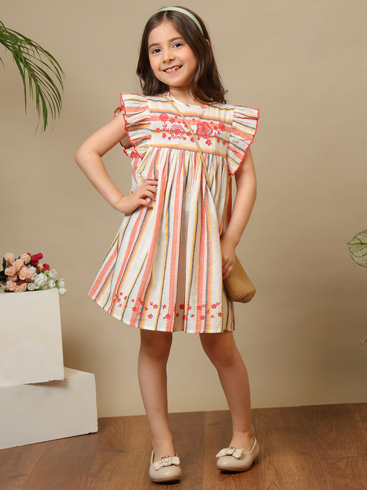 Multicolour striped girls dress with ruffle sleeves, embroidered detailing and flared hem