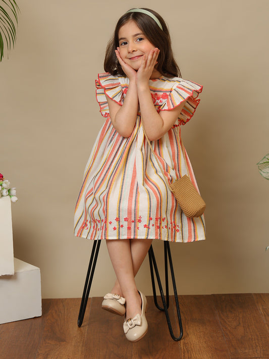 Girls Multi Striped Embroidered Dress