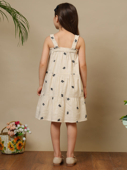 Green and pink floral printed girls fit and flare dress with shoulder straps and flared hem