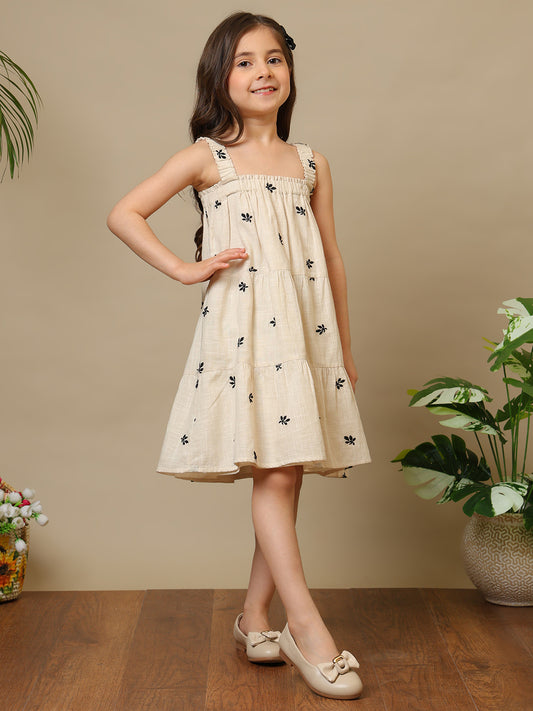 Green and pink floral printed girls fit and flare dress with shoulder straps and flared hem