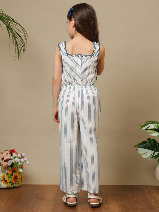 Blue and white striped girls sleeveless jumpsuit with wide-leg pants and chevron pattern