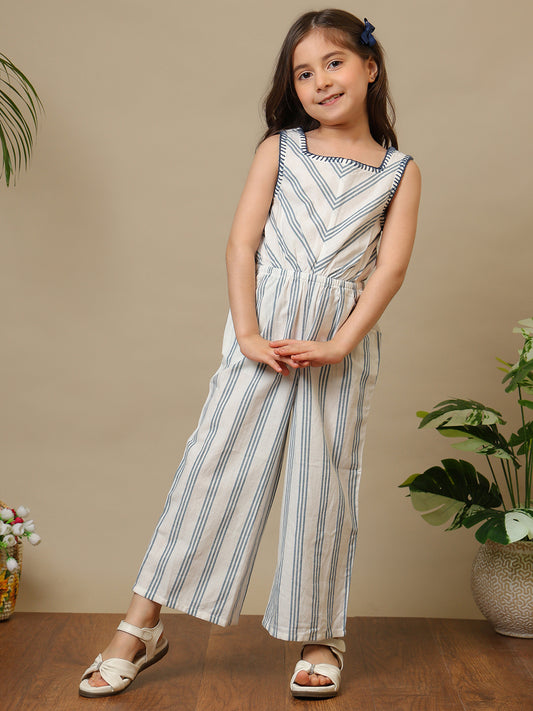 Blue and white striped girls sleeveless jumpsuit with wide-leg pants and chevron pattern