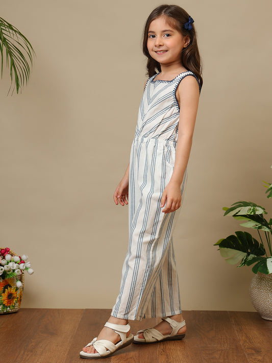 Blue and white striped girls sleeveless jumpsuit with wide-leg pants and chevron pattern