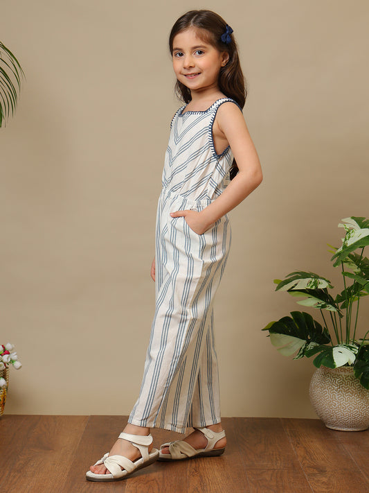 Blue and white striped girls sleeveless jumpsuit with wide-leg pants and chevron pattern