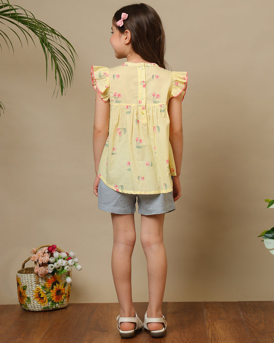 Yellow girls floral printed top with ruffle sleeves and white shorts co-ord set