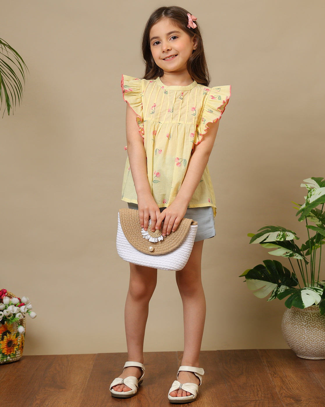 Yellow girls floral printed top with ruffle sleeves and white shorts co-ord set