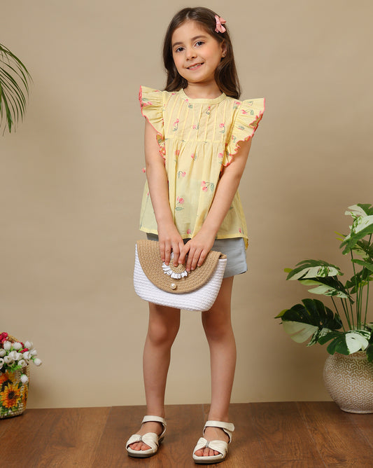 Yellow girls floral printed top with ruffle sleeves and white shorts co-ord set