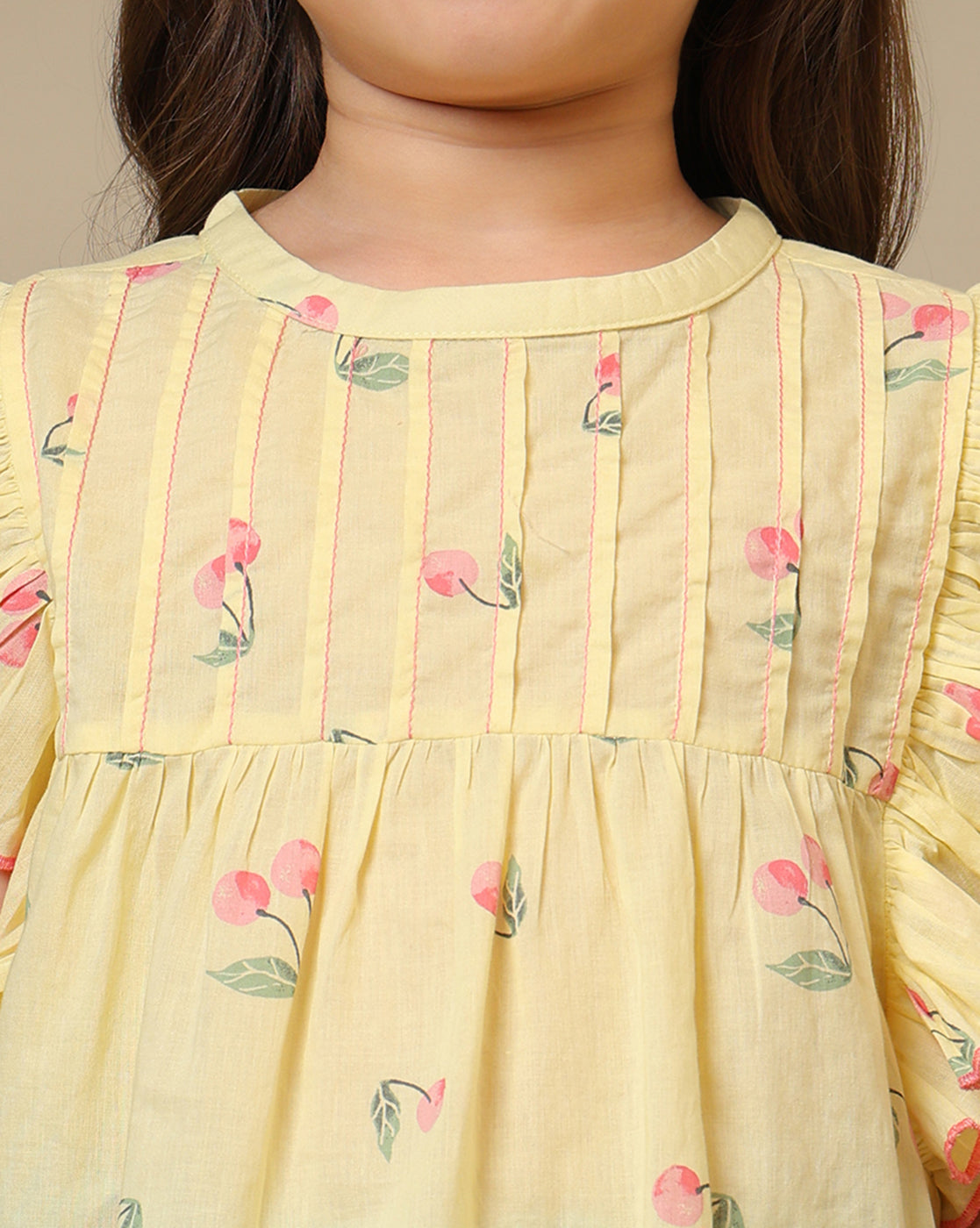 Yellow girls floral printed top with ruffle sleeves and white shorts co-ord set