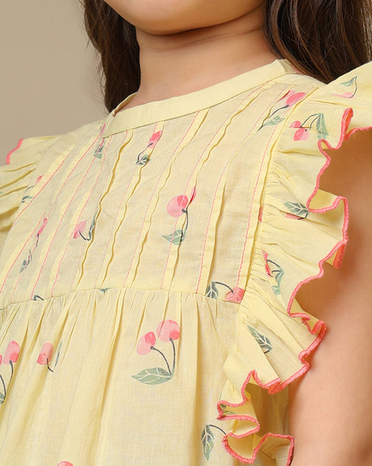Yellow girls floral printed top with ruffle sleeves and white shorts co-ord set
