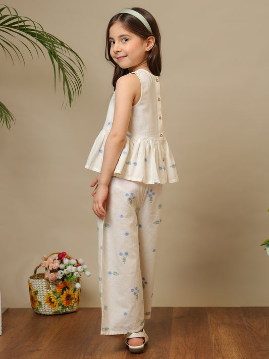 Cream girls embroidered co-ord set with peplum sleeveless top and wide-leg pants