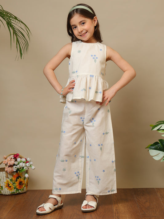Cream girls embroidered co-ord set with peplum sleeveless top and wide-leg pants