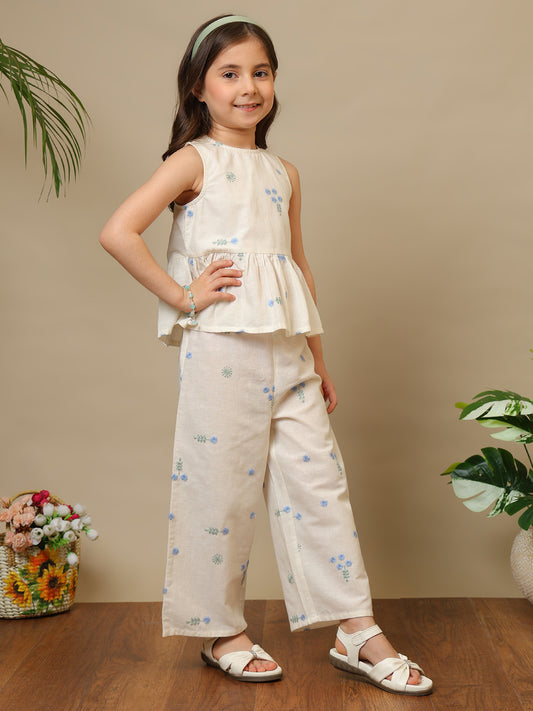 Cream girls embroidered co-ord set with peplum sleeveless top and wide-leg pants