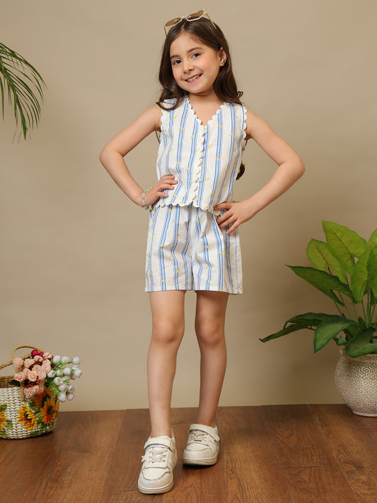 Blue and white striped girls sleeveless co-ord set with ruffle top and matching shorts