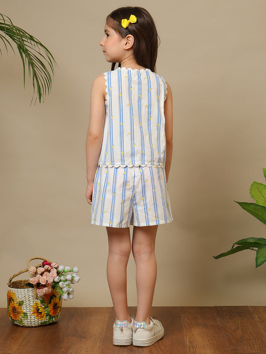 Blue and white striped girls sleeveless co-ord set with ruffle top and matching shorts