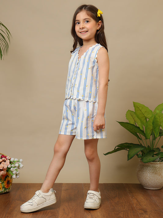 Blue and white striped girls sleeveless co-ord set with ruffle top and matching shorts