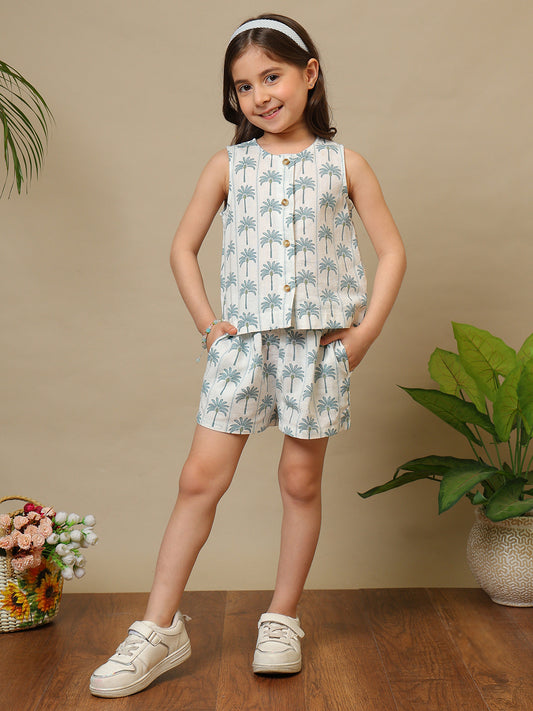 White girls floral printed sleeveless co-ord set with ruffle detailing and matching shorts