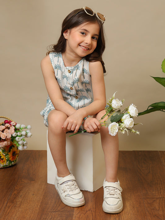 White girls floral printed sleeveless co-ord set with ruffle detailing and matching shorts