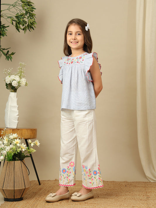 Ruffle Yoke Embroidered Cotton Top
