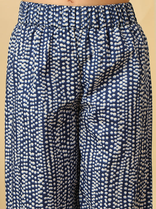 Girls navy blue printed smocked co-ord set with sleeveless peplum top and wide-leg ruffle pants