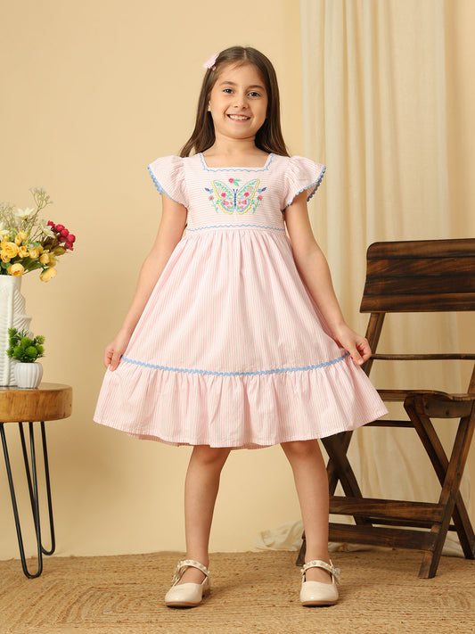 Girls Pink Striped Butterfly Embroidered Flutter Sleeve Dress