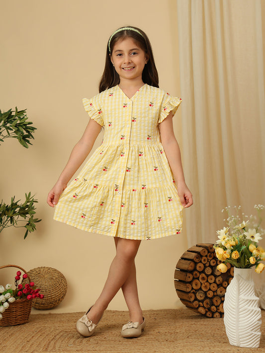 Girls pink gingham checked dress with all-over cherry print, ruffle sleeves and gathered flared silhouette