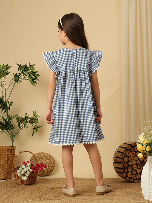 Girls blue gingham check dress with white floral embroidery, square neckline and flutter sleeves