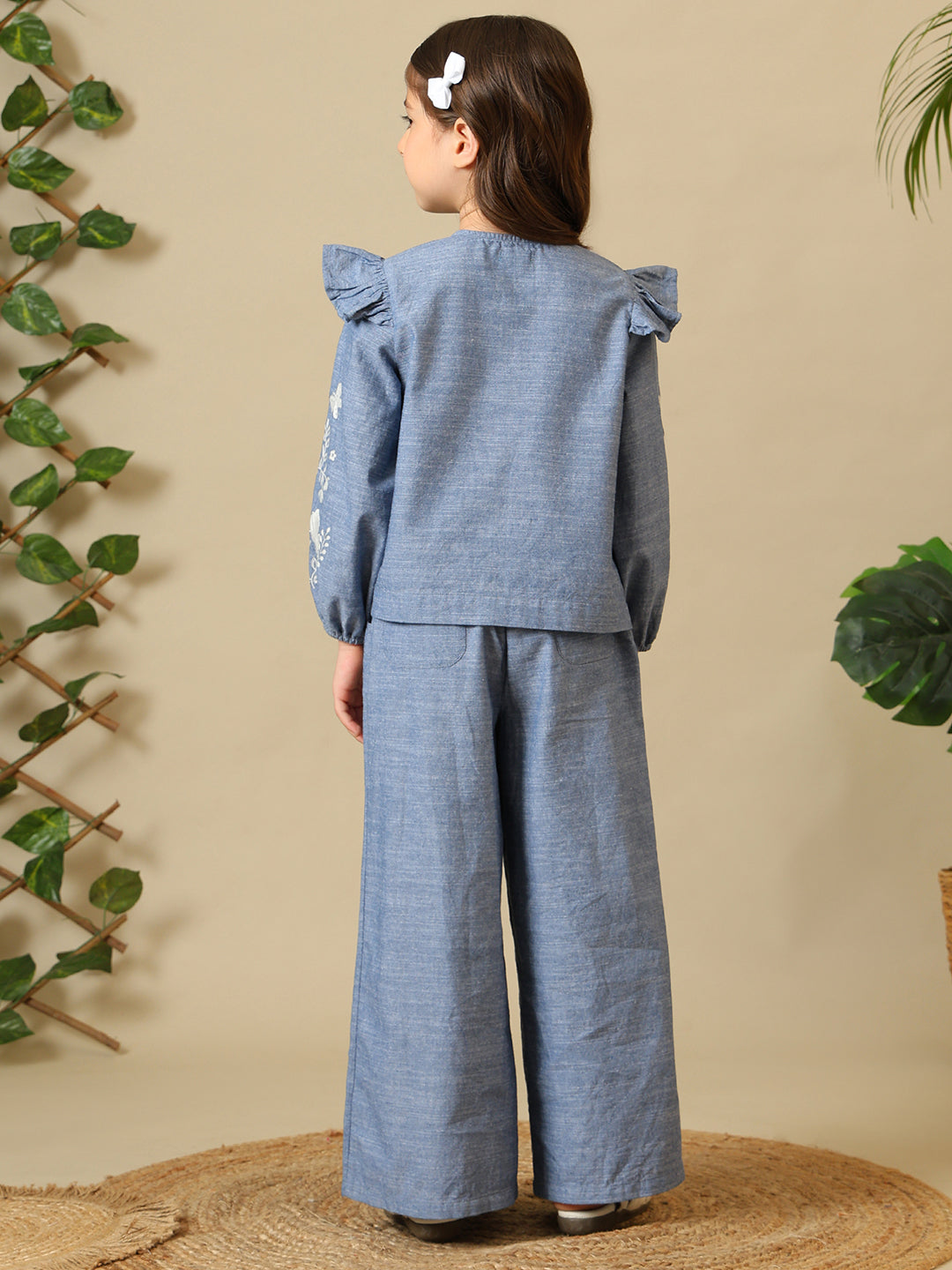 Blue girls embroidered co-ord set with ruffle sleeve top and wide-leg pants
