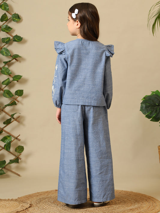 Blue girls embroidered co-ord set with ruffle sleeve top and wide-leg pants