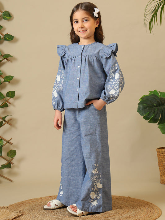 Blue girls embroidered co-ord set with ruffle sleeve top and wide-leg pants