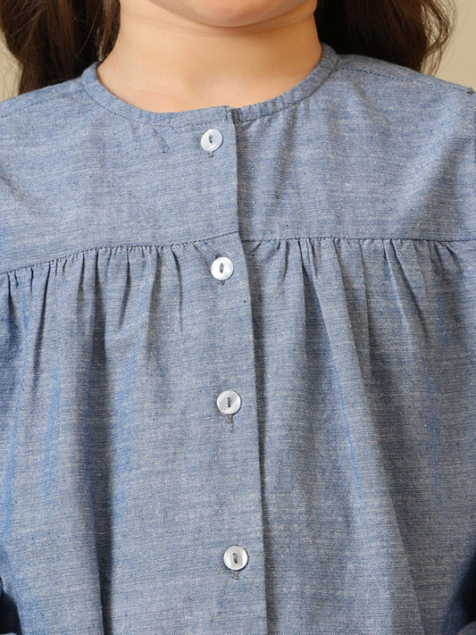 Blue girls embroidered co-ord set with ruffle sleeve top and wide-leg pants