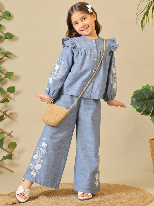 Blue girls embroidered co-ord set with ruffle sleeve top and wide-leg pants