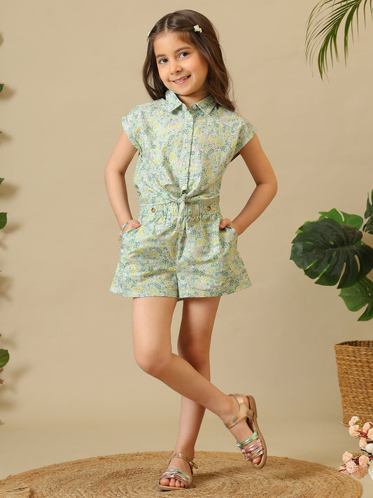 Mint green floral printed girls co-ord set with ruffle sleeve top and matching shorts