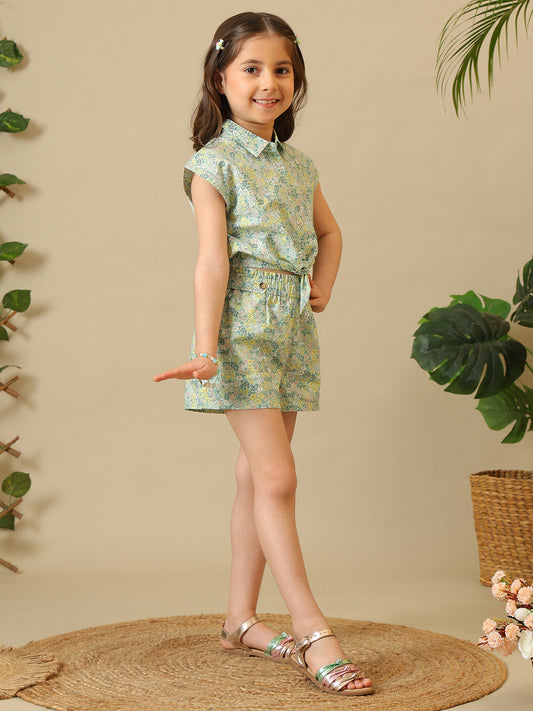 Mint green floral printed girls co-ord set with ruffle sleeve top and matching shorts