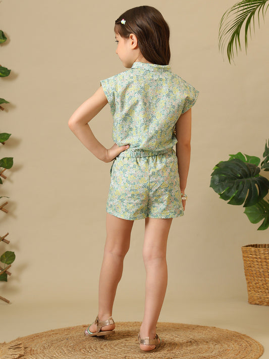 Mint green floral printed girls co-ord set with ruffle sleeve top and matching shorts