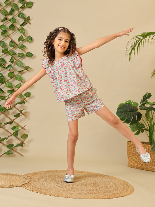 Pink floral printed girls co-ord set with ruffle sleeve top and matching shorts