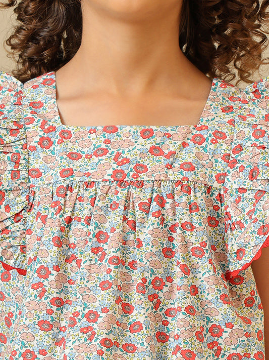Pink floral printed girls co-ord set with ruffle sleeve top and matching shorts
