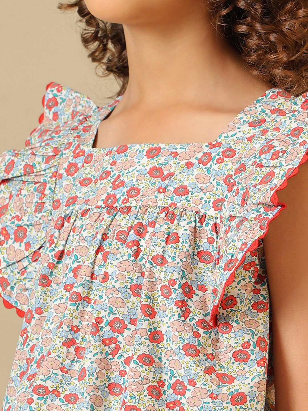 Pink floral printed girls co-ord set with ruffle sleeve top and matching shorts