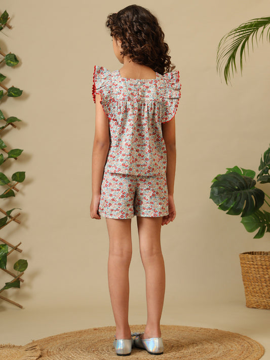 Pink floral printed girls co-ord set with ruffle sleeve top and matching shorts