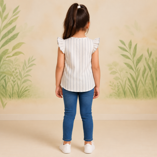 Girls White Vertical Striped Sleeveless Top with Ruffle Shoulders, Front Button Closure and Round Neck,