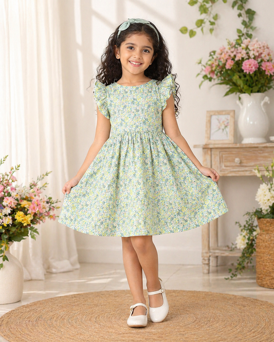 Mint green girls printed shorts with flared fit and elasticated waist