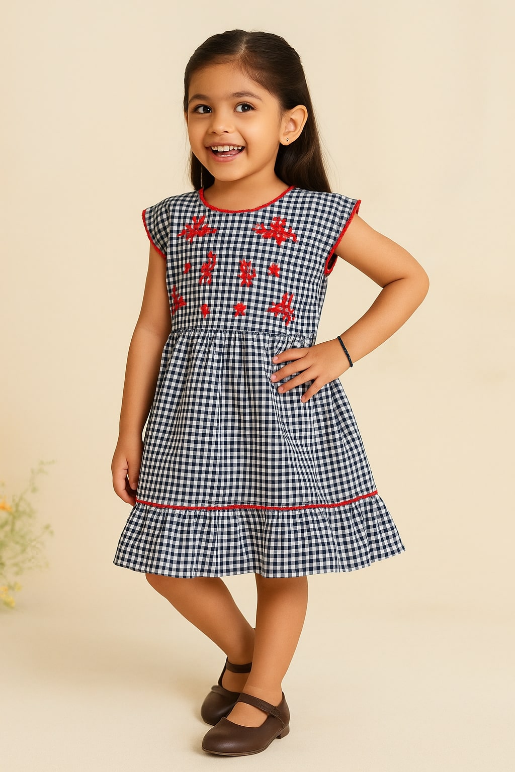 Black and white checked girls short sleeve dress with red trim and ruffle hem