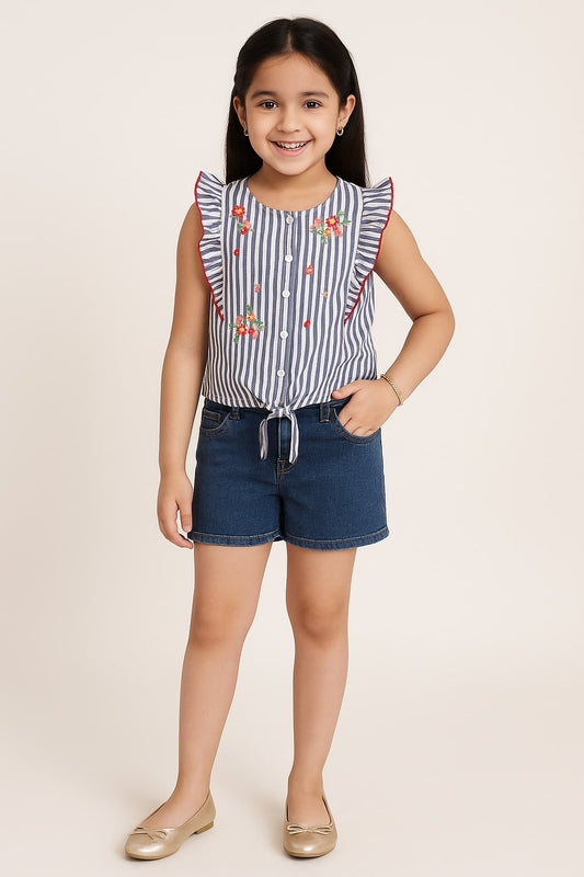 Blue and white striped girls sleeveless top with floral embroidery, ruffle detailing and tie-up hem