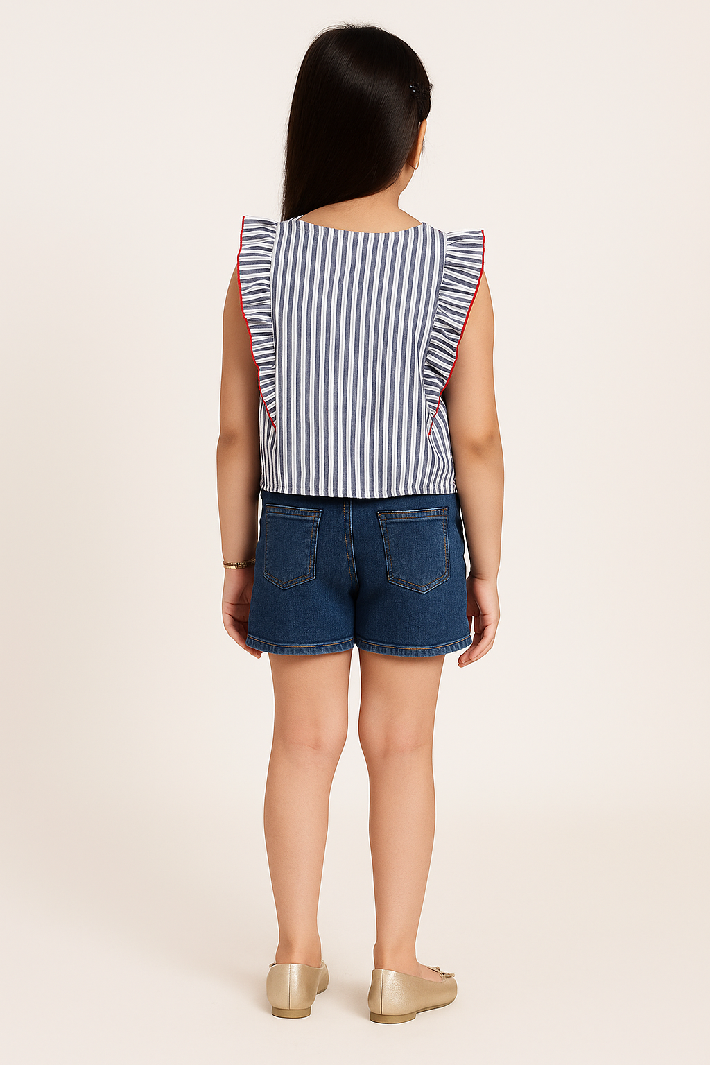 Blue and white striped girls sleeveless top with floral embroidery, ruffle detailing and tie-up hem